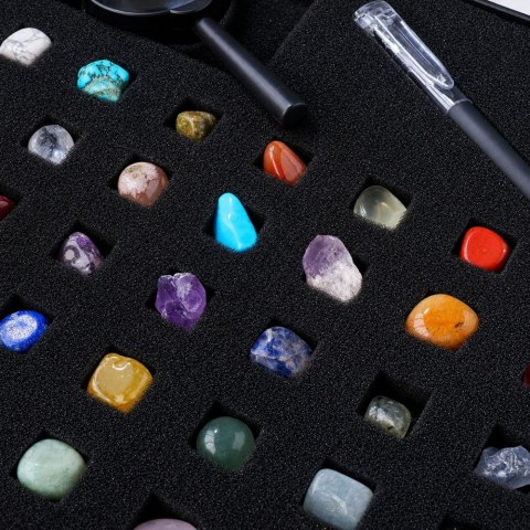 Zestaw Kamienie Mineralne Naturalne Kryształy Kolekcja Lupa Długopis 43el.