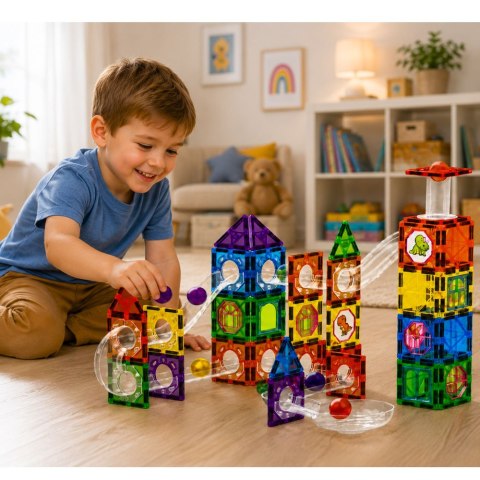 Klocki Magnetyczne Konstrukcyjne Tor Dla Kulek STEM Dinozaury 92 el.